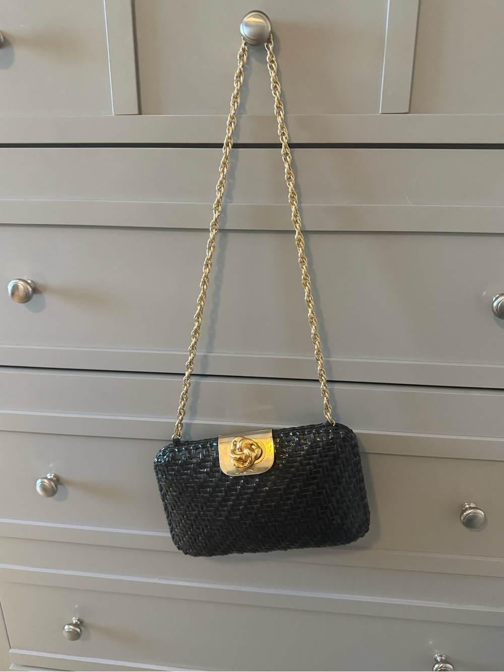 Woven Black Shoulder Bag with Gold Chain and Clasp